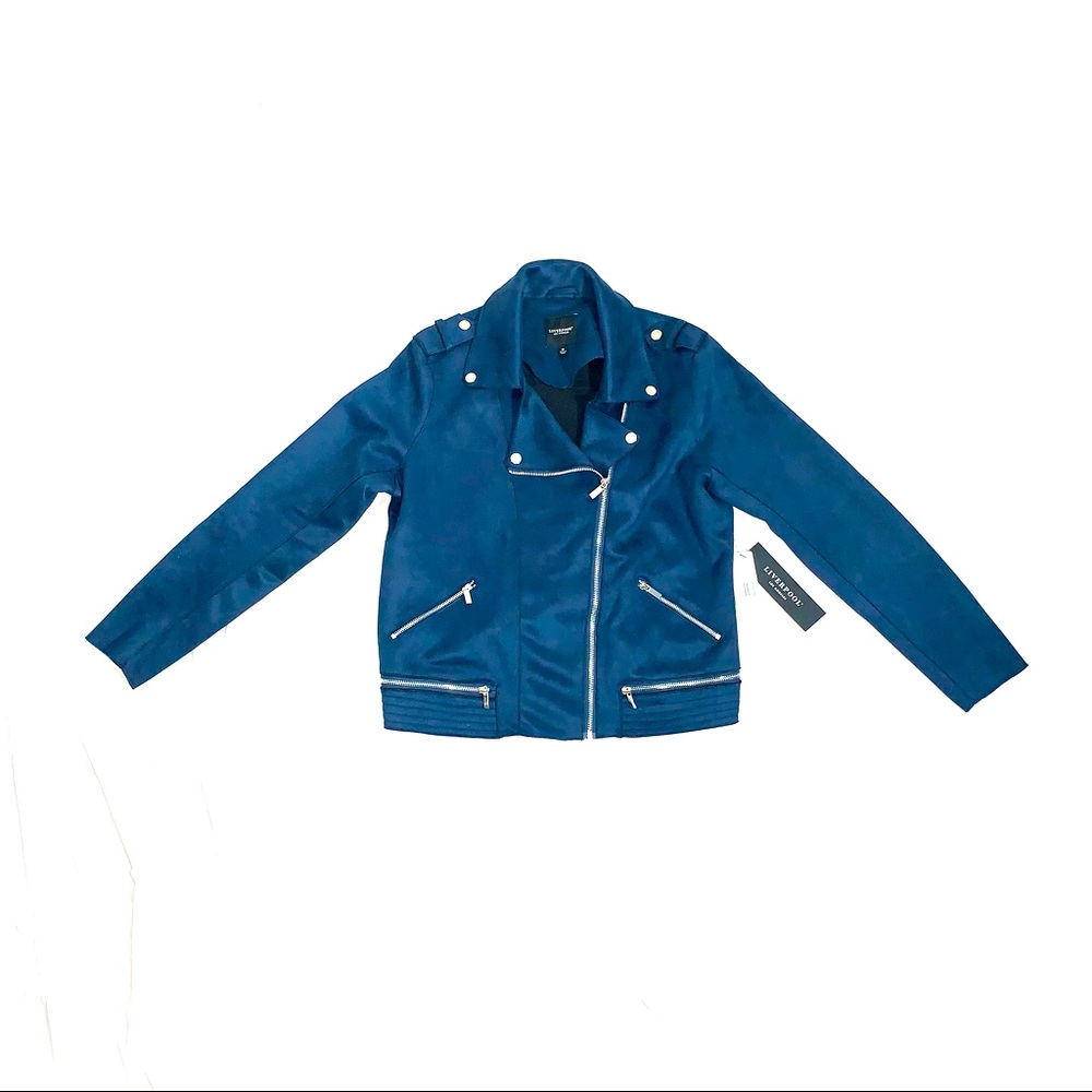 Navy faux suede Liverpool London moto jacket